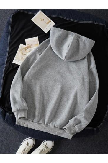 Kadın Kapuşonlu Sweatshirt Gri Moon baskı