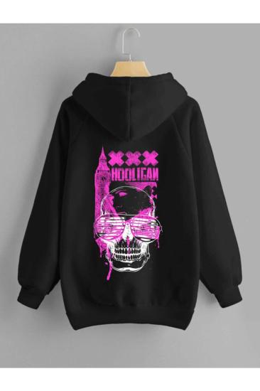 Erkek Siyah Kapüşonlu Sweatshirt Holigan Baskı