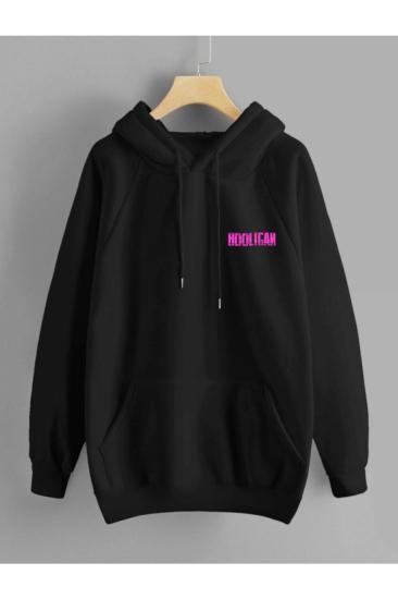 Erkek Siyah Kapüşonlu Sweatshirt Holigan Baskı