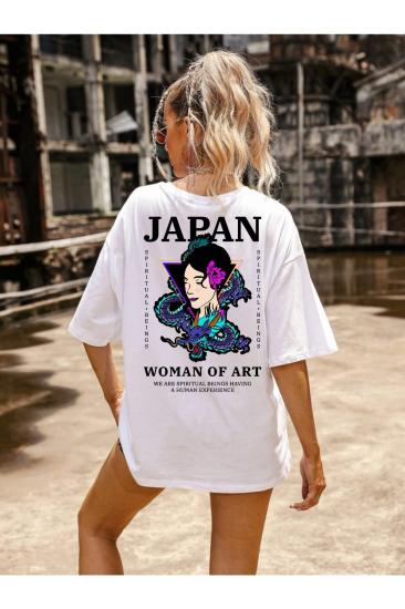 Kadın Oversize T-shirt Sırt Japon Baskı Beyaz