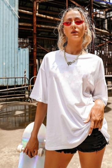 Kadın Oversize T-shirt Sırt Japon Baskı Beyaz