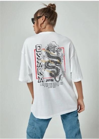 Kadın Oversize T-shirt osakadragon Sırt Baskı Beyaz