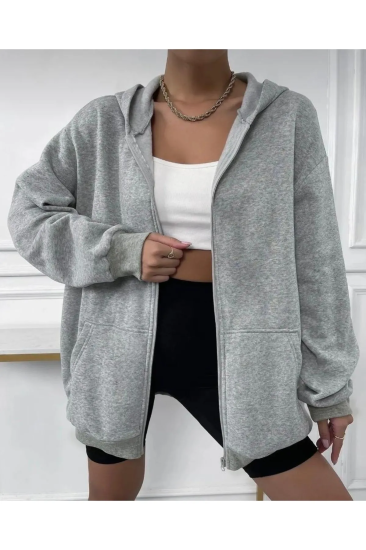 Kadın Gri Kapişonlu Fermuarlı Sweatshirt Ceket