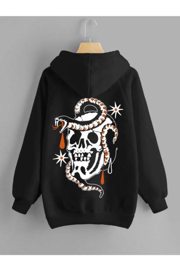Erkek Kapüşonlu Sweatshirt Siyah Sırt kurukafa yılan baskılı