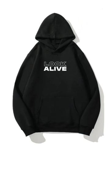 Erkek Kapüşonlu Sweatshirt LOOK ALIVE baskılı Siyah