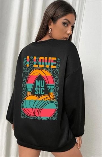 Kadın Siyah Bisiklet yaka Sweatshirt LoveMuzıc Sırtbaskı
