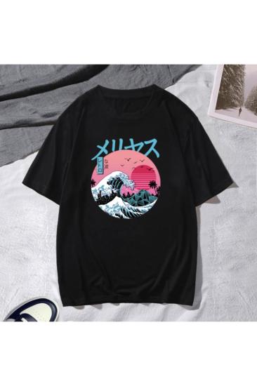 Unisex Oversize T-shirt Mayakazi ön baskı Siyah