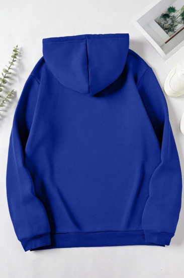 Unisex Kapüşonlu Mavi Sweatshirt Şardonlu Slim Fit