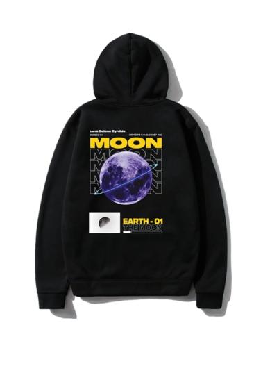 Erkek Kapüşonlu Sweatshirt MOON sırt Baskı Siyah