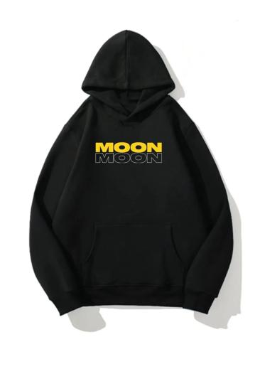 Erkek Kapüşonlu Sweatshirt MOON sırt Baskı Siyah