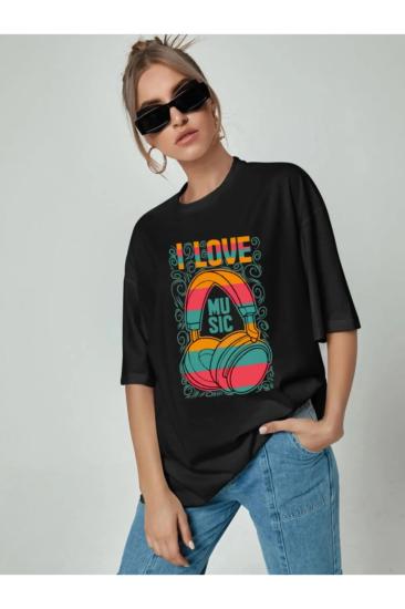 Kadın Siyah I Love Music Baskılı Oversize T-shirt