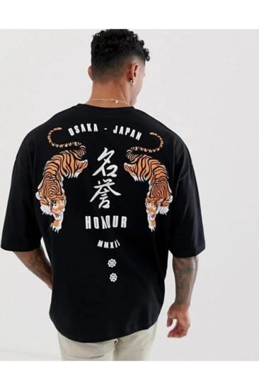 Erkek Oversize Siyah T-ahiret Osaka Japon Sırt Baskı