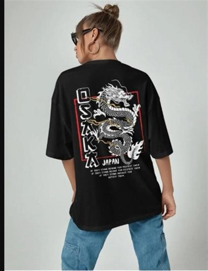 Kadın Oversize T-shirt osakadragon Sırt Baskı Siyah