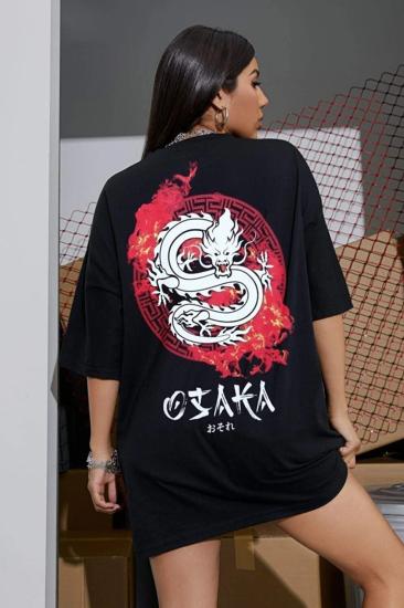 Kadın Oversize T-shirt Osaka Dıragon Sırt Baskı Siyah