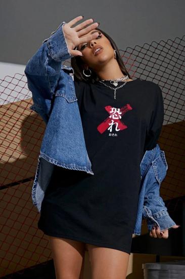 Kadın Oversize T-shirt Osaka Dıragon Sırt Baskı Siyah