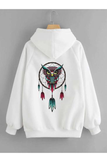 Oversize Baykuş Baskılı Kapşonlu Sweatshirt Beyaz