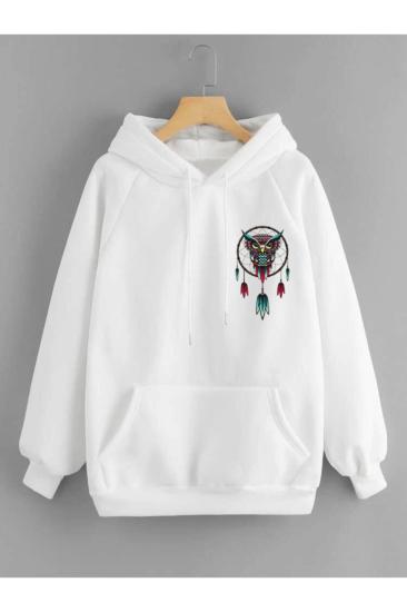 Oversize Baykuş Baskılı Kapşonlu Sweatshirt Beyaz
