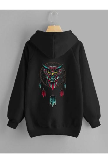 Oversize Baykuş Baskılı Kapşonlu Sweatshirt Siyah