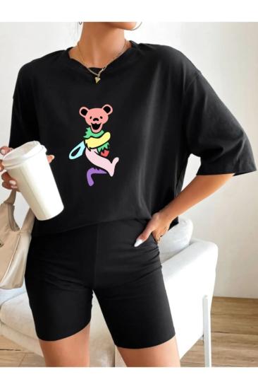 Kadın Oversize T-shirt Renkli Panda Ön Baskı Siyah