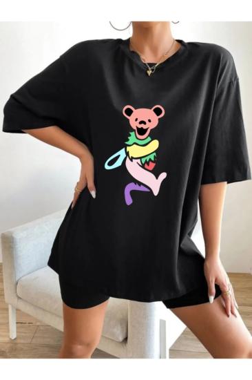Kadın Oversize T-shirt Renkli Panda Ön Baskı Siyah