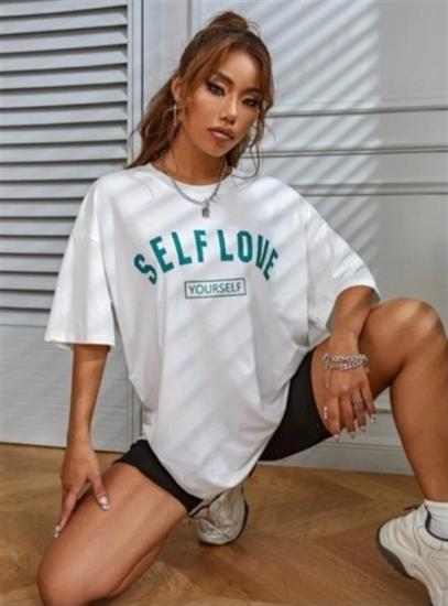 Kadın Oversize T-shirt Self Love Baskılı Beyaz