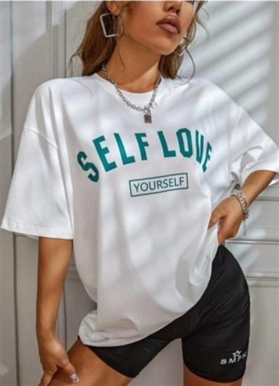 Kadın Oversize T-shirt Self Love Baskılı Beyaz