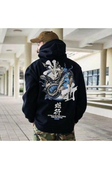 Erkek Siyah Kapüşonlu Sweatshirt Sırt Baskılı Chınyılan Oversize