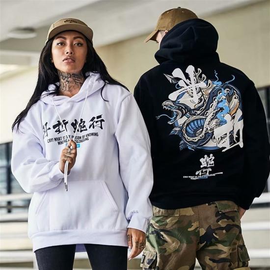 Erkek Siyah Kapüşonlu Sweatshirt Sırt Baskılı Chınyılan Oversize