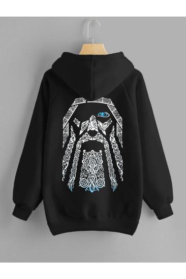 Siyah Kapşonlu Sweatshirt Odin Sırt Baskı