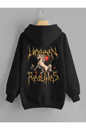 Siyah Kapşonlu Sweatshirt Realites Sırt Baskı