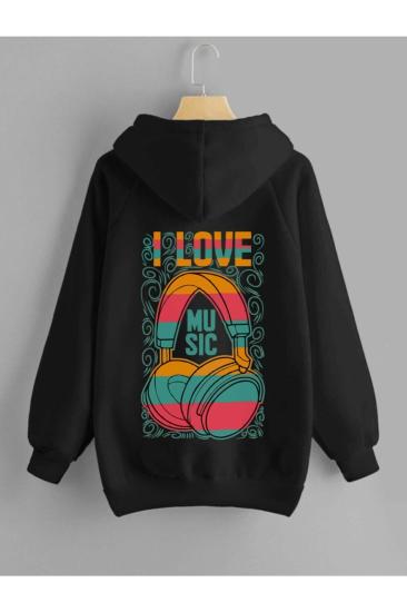 Erkek Kapişonlu Sweatshirt Siyah Music Baskılı