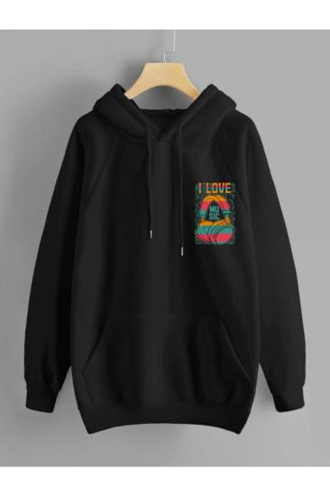 Erkek Kapişonlu Sweatshirt Siyah Music Baskılı