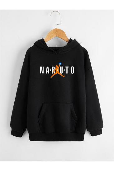 Erkek Siyah Kapüşonlu Sweatshirt Sırt Baskılı Naruto
