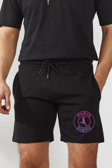 Erkek Siyah Penye Şort & Bermuda Kapri Yazlık Pamuklu Slim Fİt Paris Baskılı
