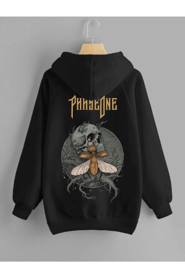 Erkek Siyah Kışlık Kapüşonlu Sweatshirt PhaseOne Sırt Baskılı
