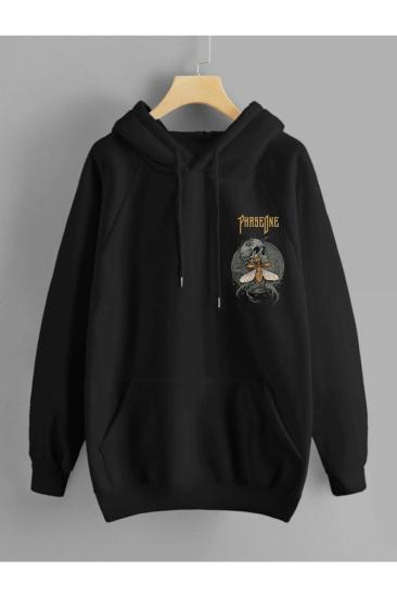 Erkek Siyah Kışlık Kapüşonlu Sweatshirt PhaseOne Sırt Baskılı
