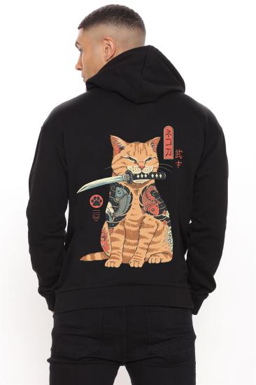 Erkek Siyah Kapüşonlu Sweatshirt Sırt Baskılı Samuray Kedi