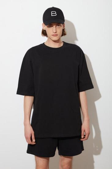 Erkek Siyah Oversize Basic T-shirt Pamuklu