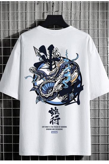 Unısex Oversize Beyaz Snake Baskılı T-shirt