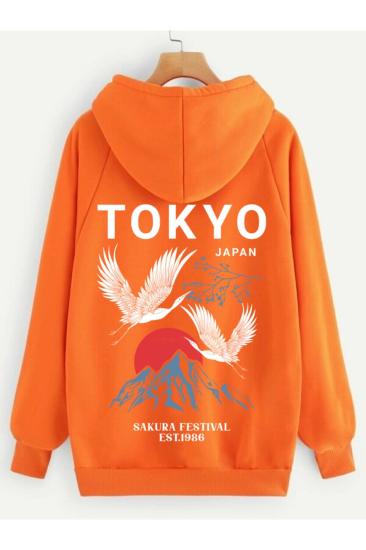 Kadın Kapüşonlu Sweatshirt Turtuncu Tokyo Sırt baskı