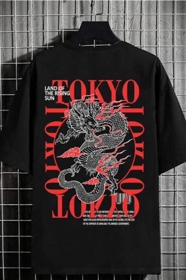 Erkek Oversize Tokyodragon Baskılı Siyah T-shirt