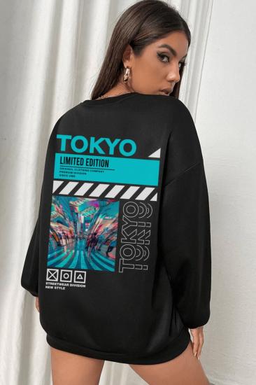 Kadın Siyah Bisiklet yaka Sweatshirt TokyoLımıted Sırtbaskı