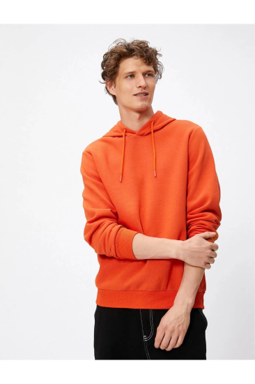 Erkek Kışlık Turuncu Kapüşonlu Sweatshirt Şardonlu Pamuklu