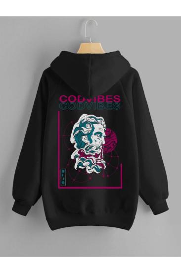 Unisex Kapşonlu Sweatshirt Codvıbes Sırt Baskı Siyah