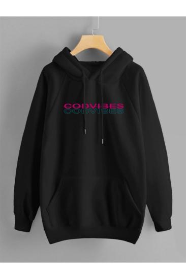 Unisex Kapşonlu Sweatshirt Codvıbes Sırt Baskı Siyah
