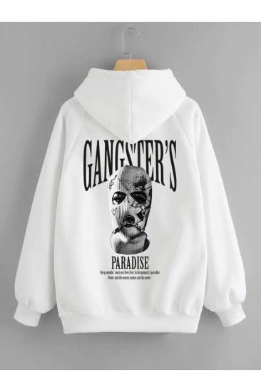 Unisex Kapşonlu Sweatshirt Gangsters Sırt Baskı Beyaz