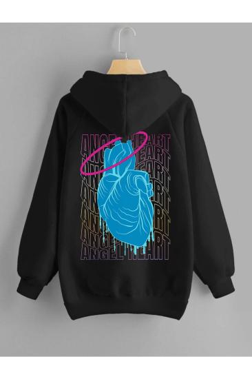 Unisex Kapşonlu Sweatshirt Angel Heart Sırt Baskı Siyah