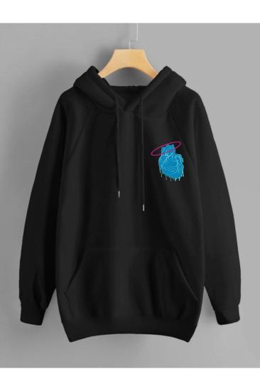 Unisex Kapşonlu Sweatshirt Angel Heart Sırt Baskı Siyah