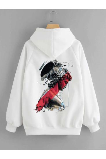 Unisex Kapşonlu Sweatshirt Apollo Sırt Baskı Beyaz
