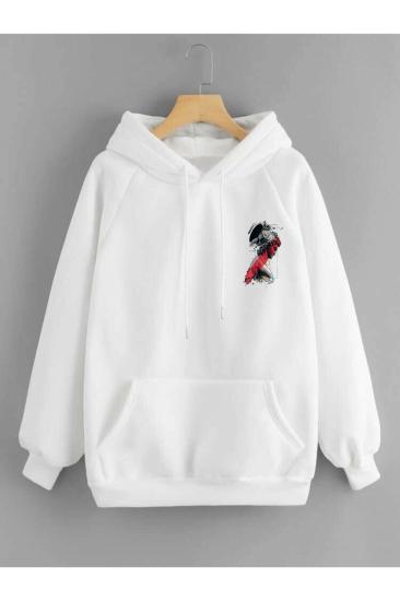 Unisex Kapşonlu Sweatshirt Apollo Sırt Baskı Beyaz